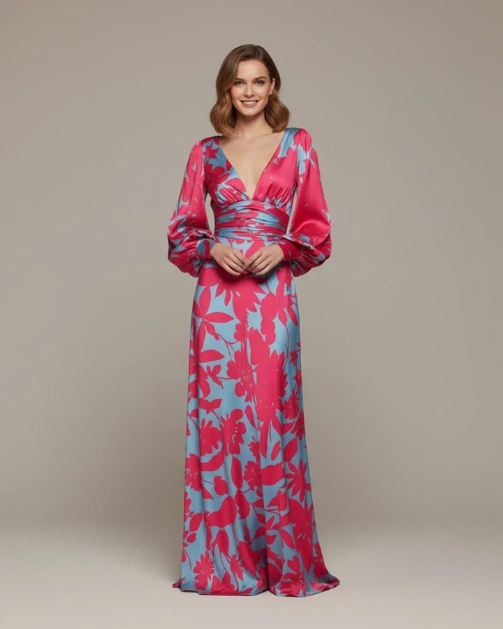 Beautiful floral V-neck maxi dress with bishop sleeves, an elegant choice for any special occasion.