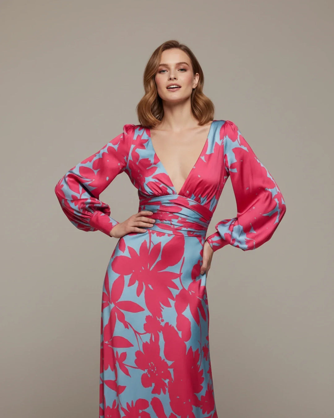 Flowy floral V-neck long sleeve maxi dress for women, with bishop sleeves, comfortable for summer events.