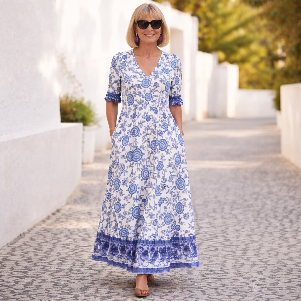 Elegant floral V-neck midi dress for women, perfect for summer casual outings, day wear, or vacation style.