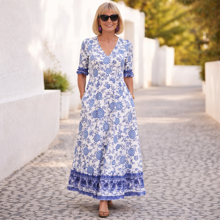 Elegant floral V-neck midi dress for women, perfect for summer casual outings, day wear, or vacation style.
