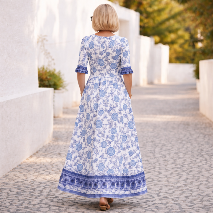Breezy women's floral V-neck summer dress, comfortable and stylish for casual days, vacations, or elegant events.