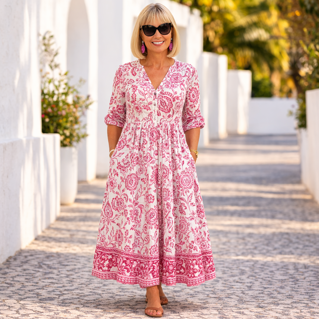 Chic floral V-neck day dress for women, ideal for casual summer style, vacations, and comfortable elegance.