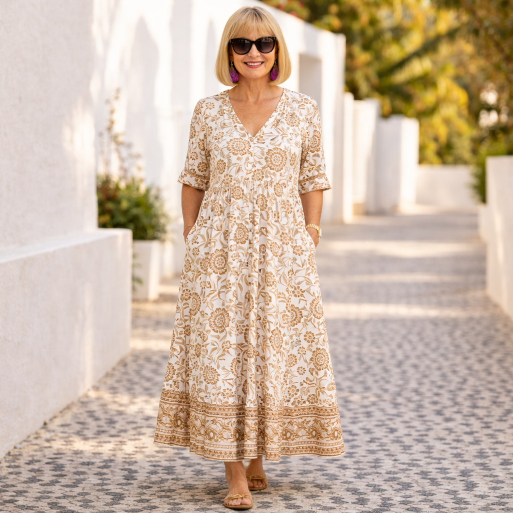 Comfortable & stylish women's floral V-neck dress, perfect for breezy summer days, a casual elegant look.