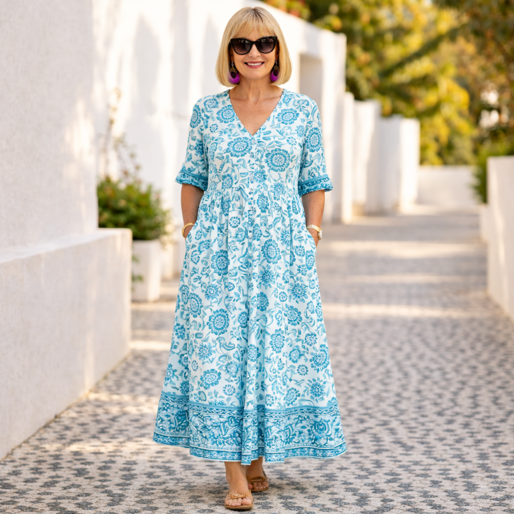 Versatile women's floral V-neck dress; effortless, comfortable, and elegant for summer casual wear or vacation.