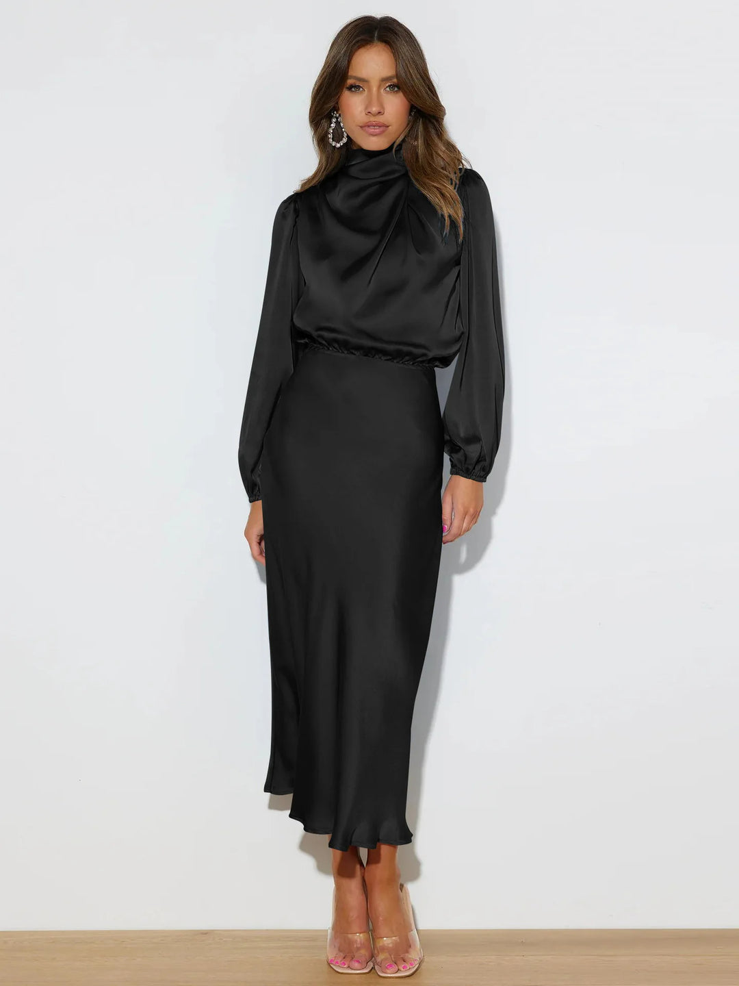 Chic women's flowy evening gown, an elegant long dress ideal for formal wear and special occasion events.