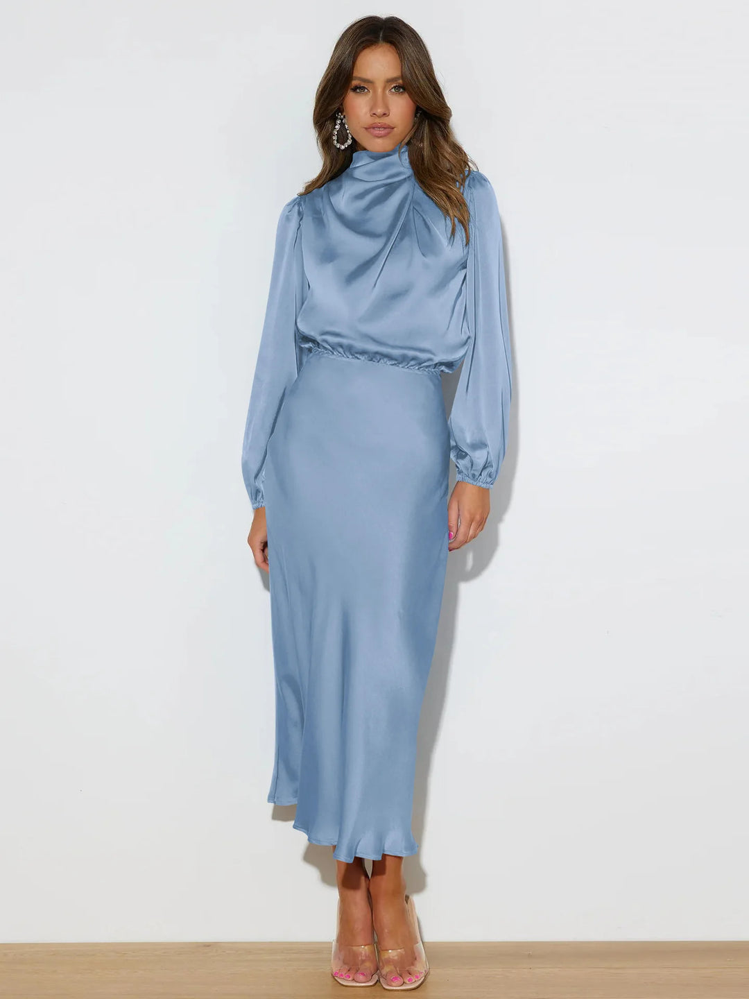 Sophisticated women's flowy evening dress, an elegant long gown perfect for wedding guests & formal events.