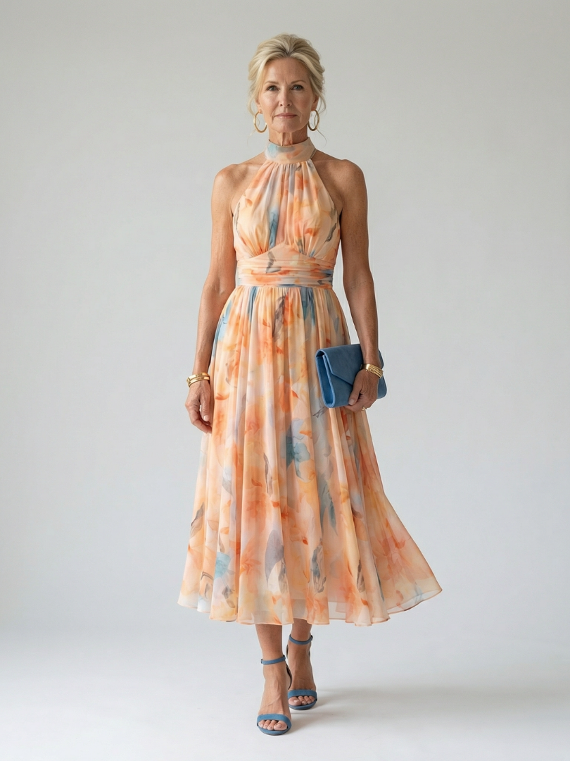 Elegant flowy multi-color halter midi dress for women, perfect for chic summer style and casual wear.