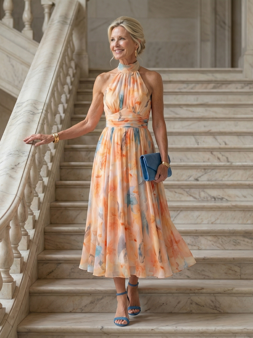 Woman wearing a graceful flowy halter midi dress, showcasing elegant multi-color summer fashion.