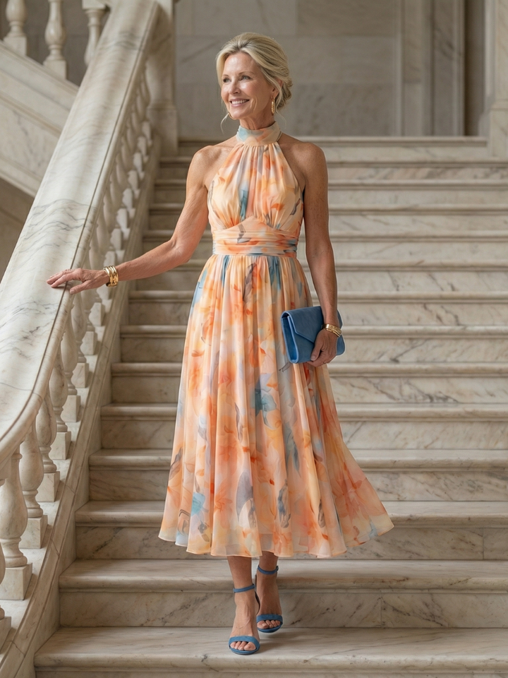 Woman wearing a graceful flowy halter midi dress, showcasing elegant multi-color summer fashion.