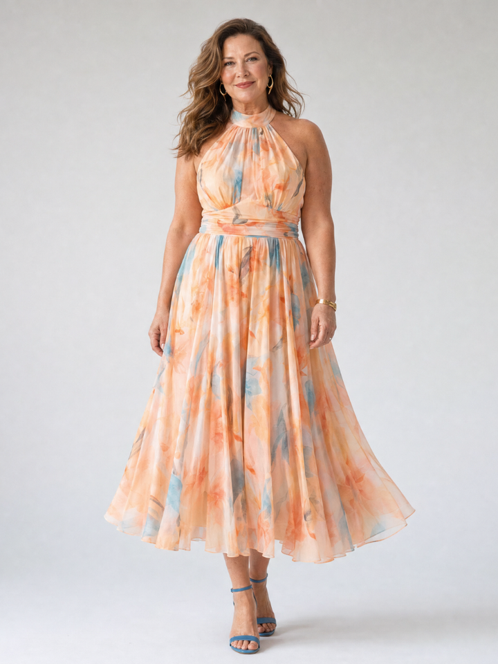 Versatile multi-color halter midi dress for women, blending elegant flowy design with comfortable summer style.