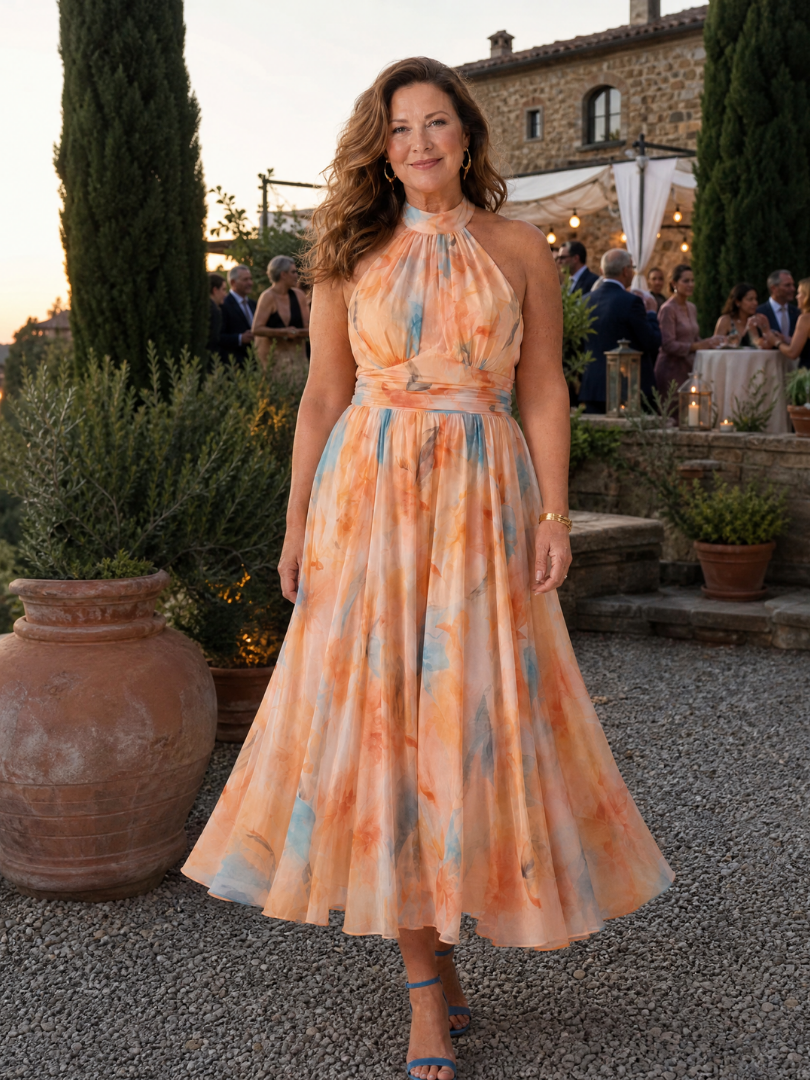 Sleeveless multi-color halter midi dress, a chic and comfortable women's fashion piece for summer casual wear.