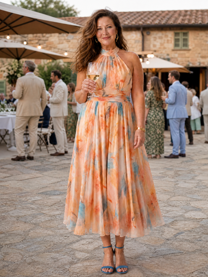 Soft multi-color halter midi dress for women, featuring an elegant flowy design perfect for summer fashion.