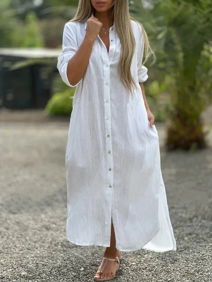 White elegant flowy maxi dress for women, ideal for summer beach trips, vacation, or stylish casual events.