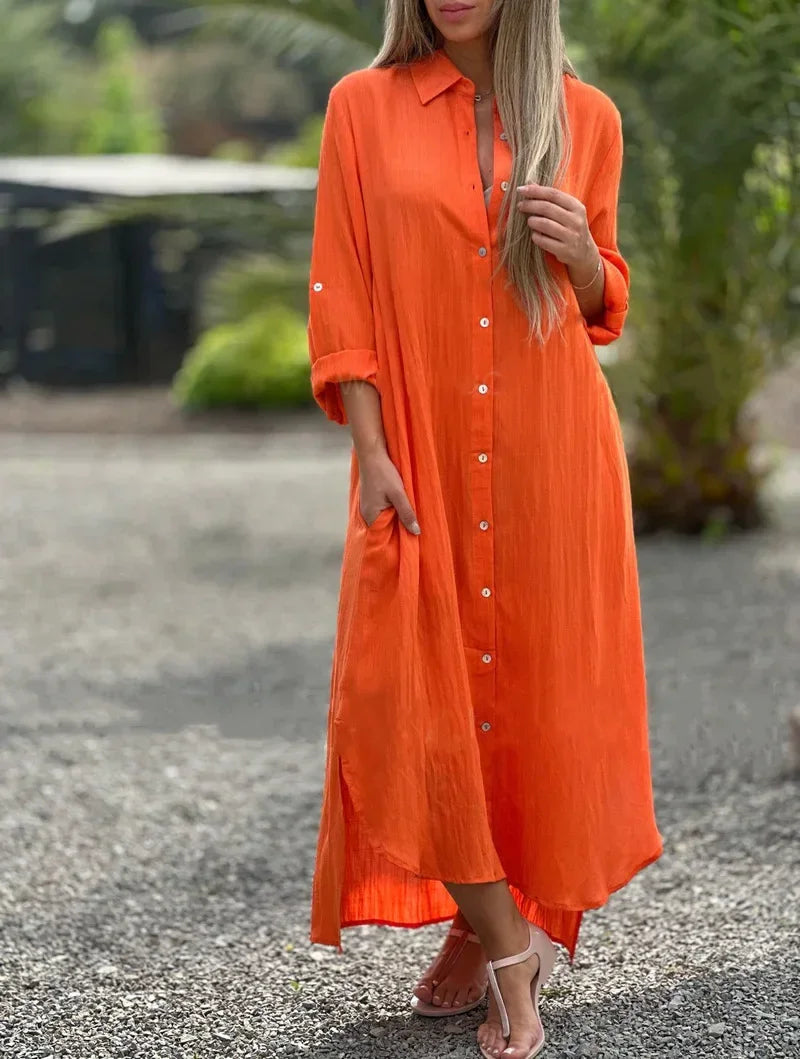 Light blue women's flowy maxi dress. Comfortable summer vacation wear, elegant for beach or daytime outings.