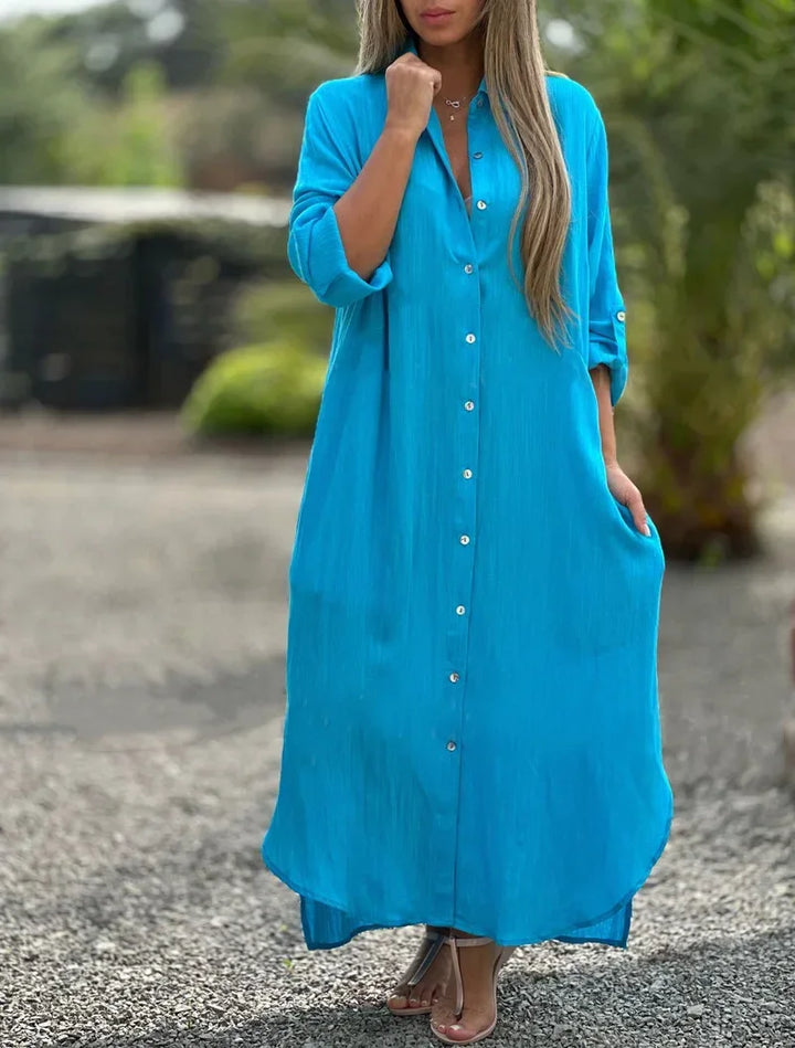 Breathable elegant women's flowy maxi dress, perfect for hot summer days, beach, vacation, and comfort.