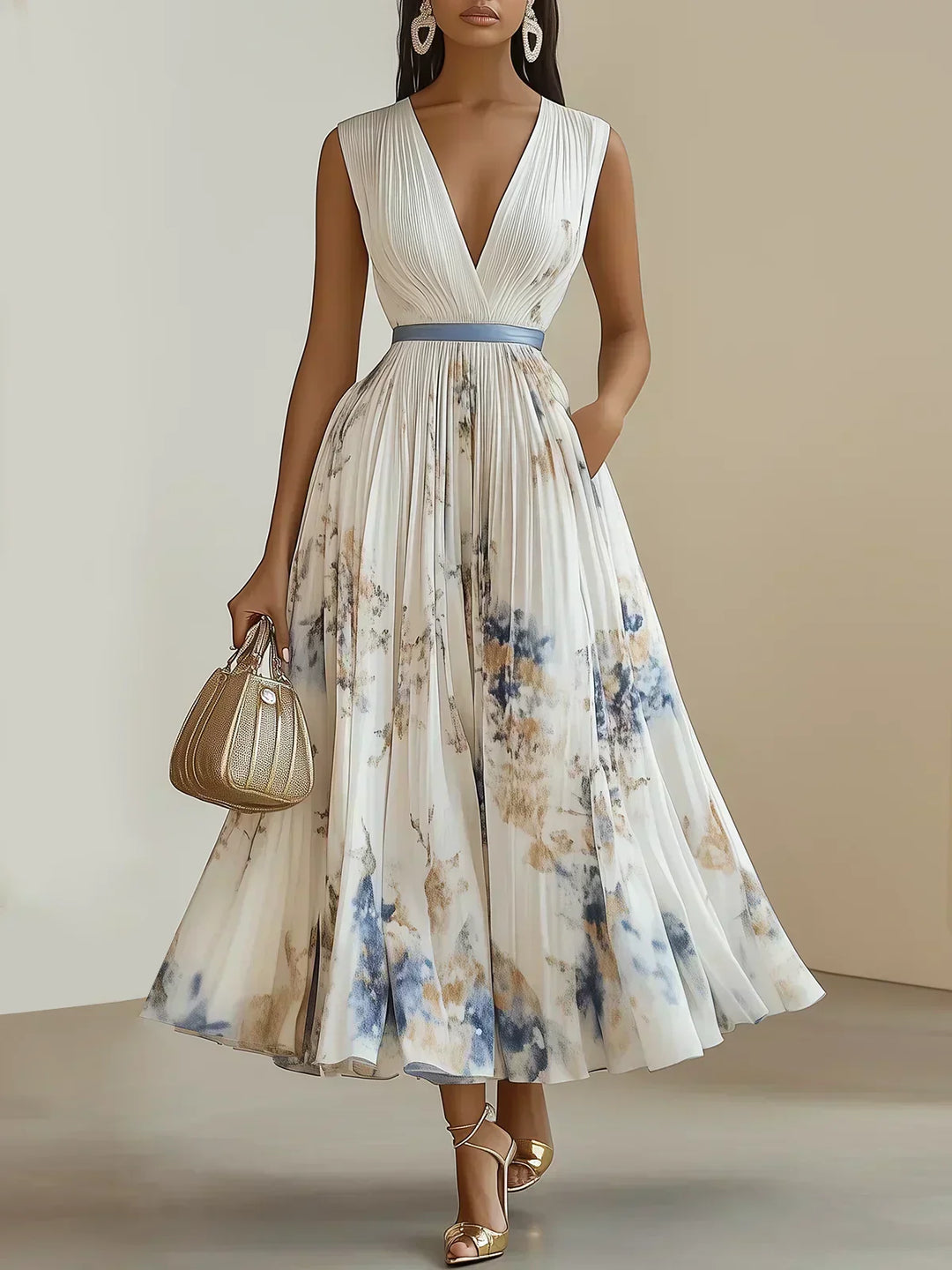 Elegant flowy V-neck maxi dress for women. Ideal summer occasion wear, comfortable & feminine.
