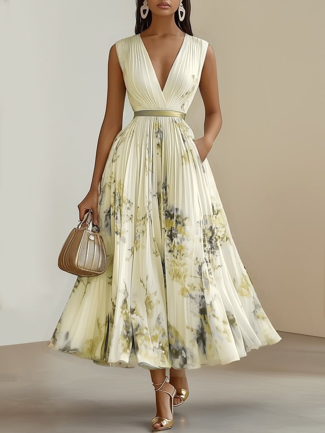 Soft, flowy women's maxi dress with elegant V-neck. Comfortable summer occasion wear, feminine design.