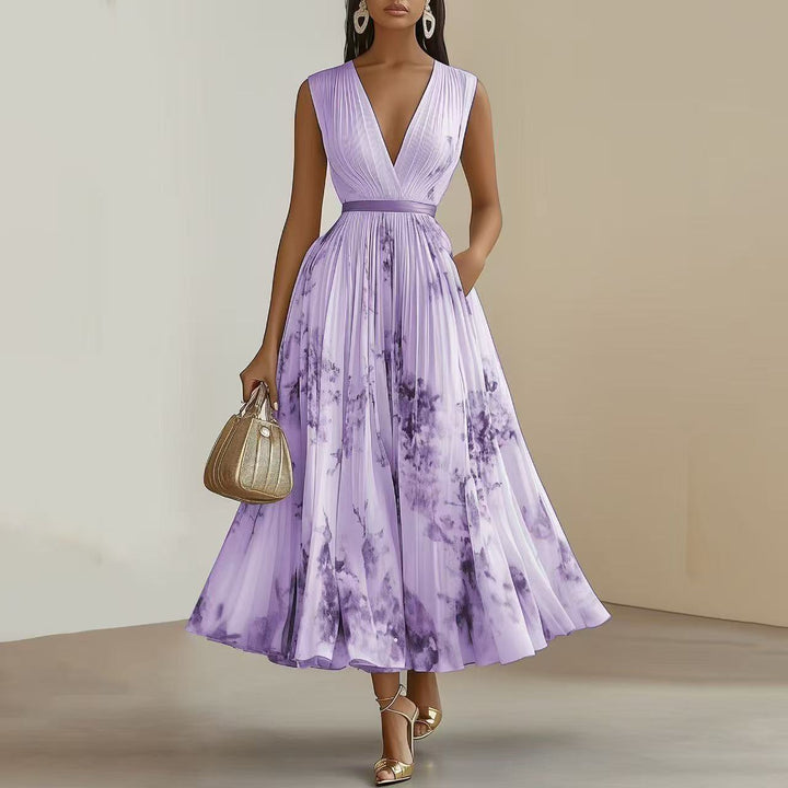 Women's elegant flowy V-neck maxi dress. Sleeveless, comfortable, perfect for summer & occasion wear.