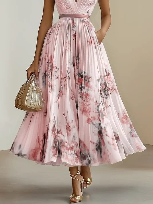 Women's elegant wrap-style V-neck maxi dress, flowy & comfortable for summer or occasion wear.