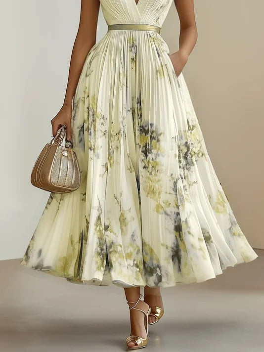 Flowy A-line V-neck maxi dress for women, elegant & comfortable. Ideal for summer & special occasions.