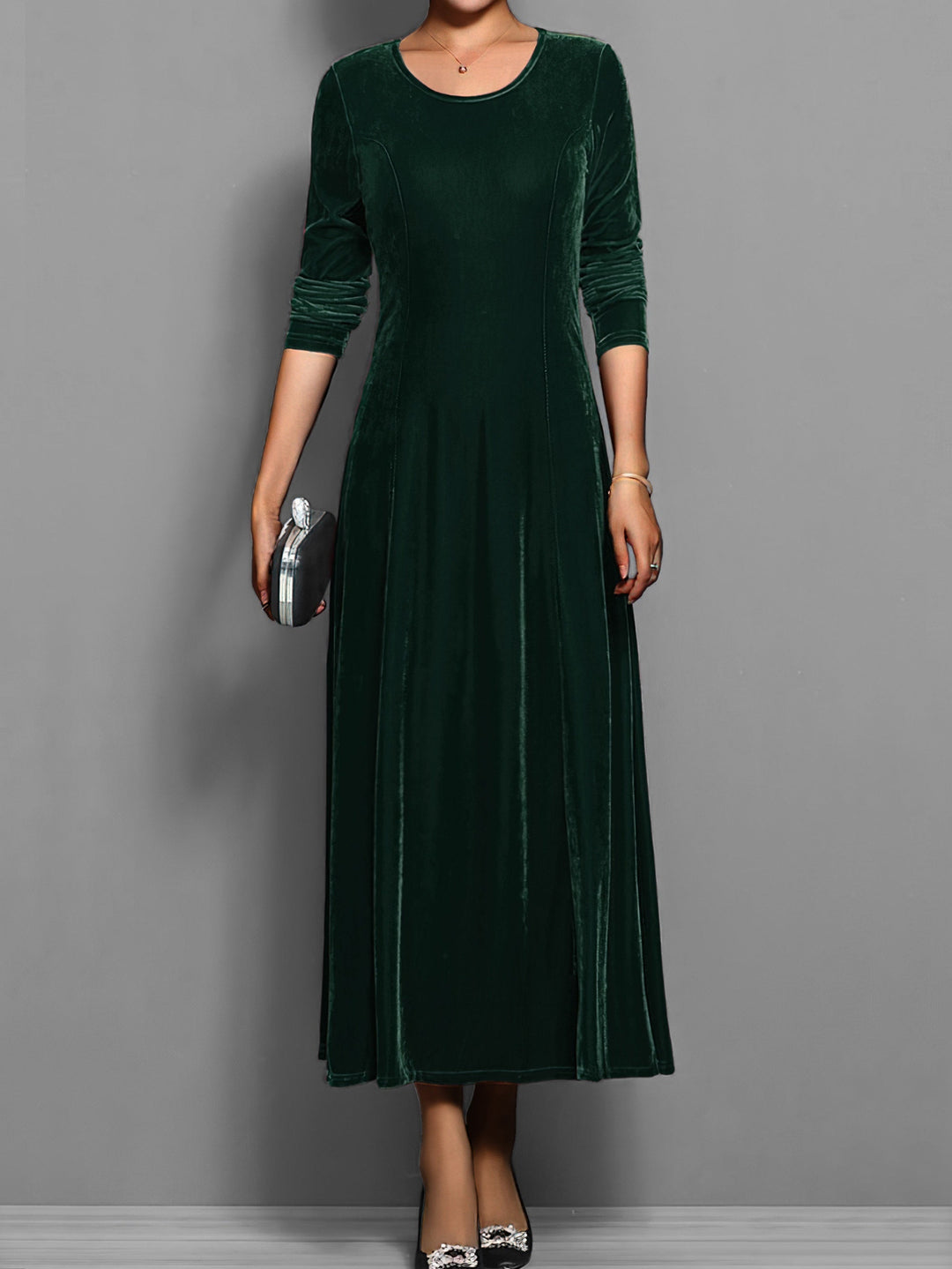 Modest & fashionable women's full-length flared maxi dress, long sleeves, round neck. Elegant versatile style.