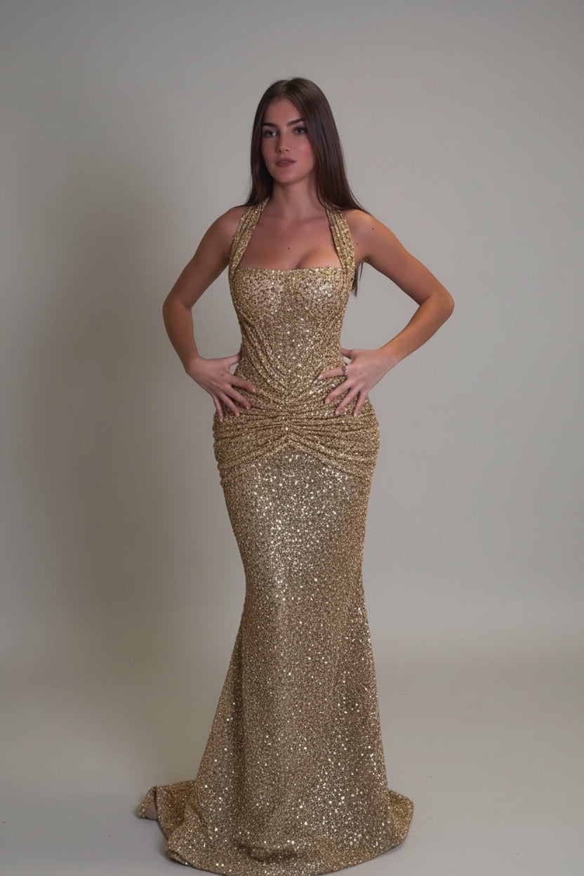 Elegant gold halter maxi dress for women, perfect as a formal evening gown or special occasion party wear.