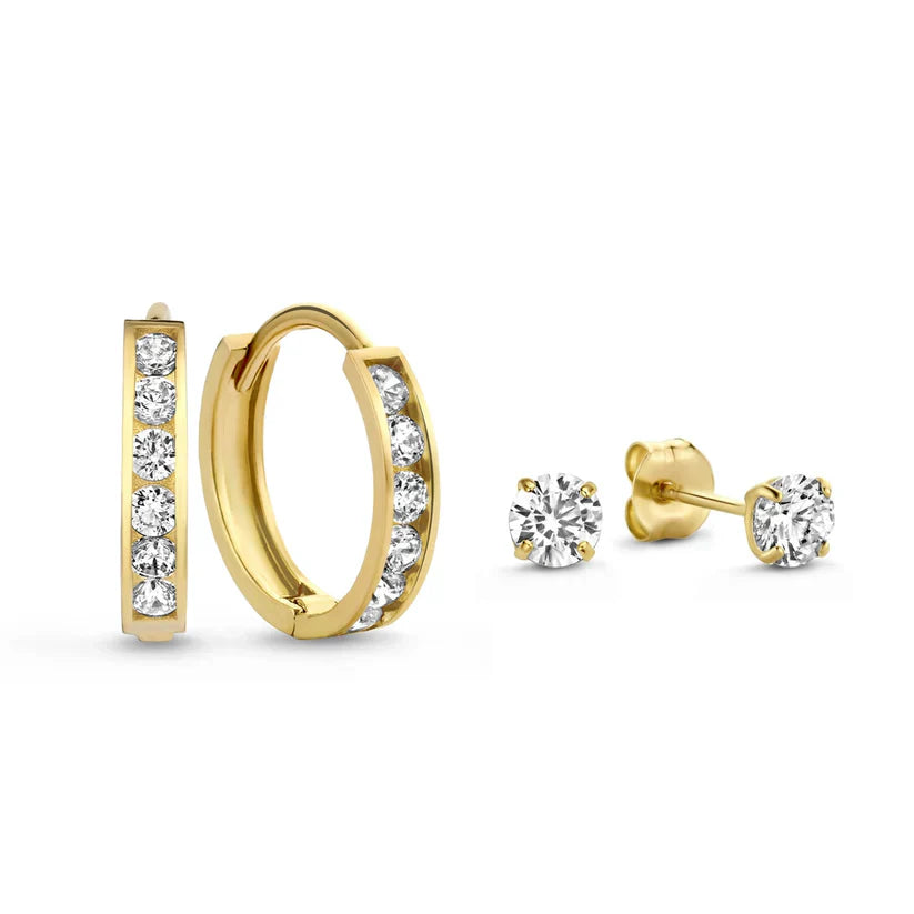 Elegant gold hoop earrings with sparkling stones for women.