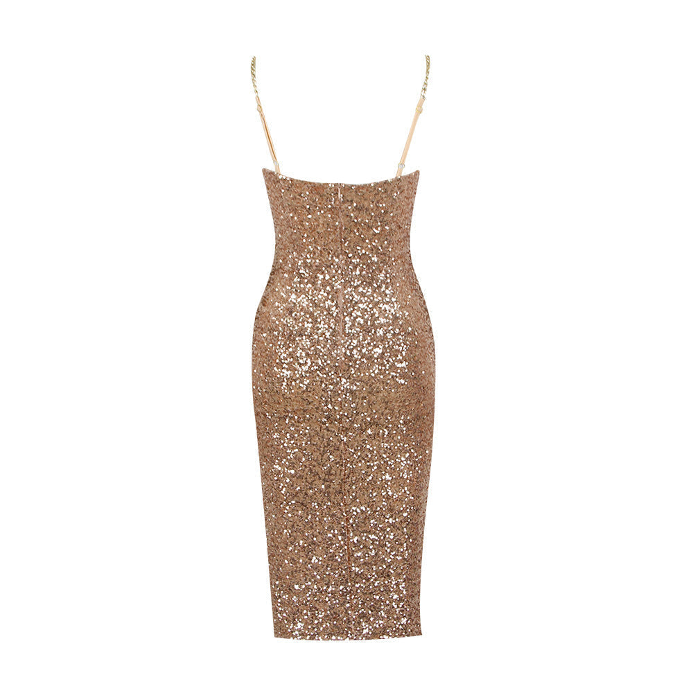 Shimmering gold sequin strapless bodycon midi dress for women, an elegant party wear and cocktail outfit.
