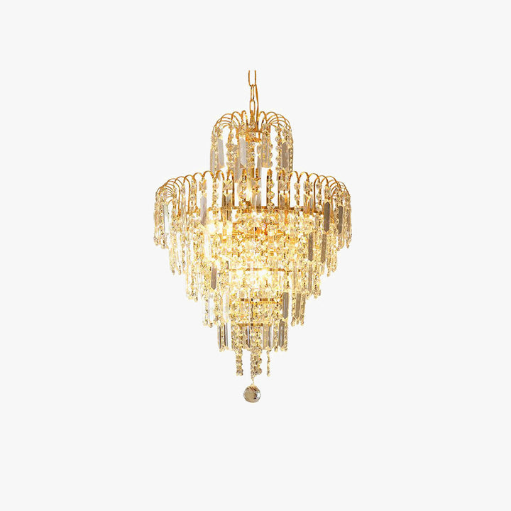Elegant gold tiered crystal chandelier, a luxurious lighting fixture for classic home decor.