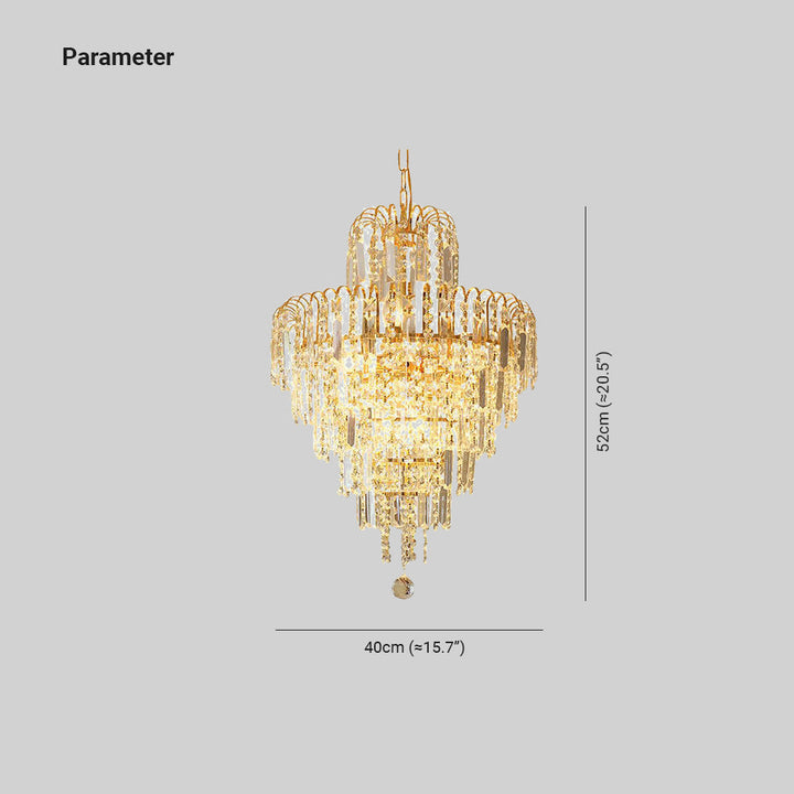 Stunning tiered crystal chandelier in gold finish, perfect elegant lighting for dining rooms or entryways.
