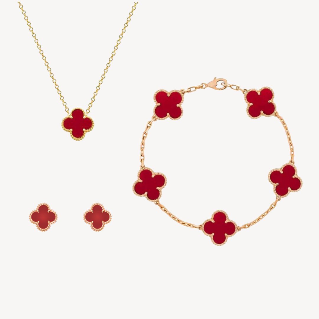 Complete gold-tone clover jewelry gift set for her. Elegant necklace, bracelet & earrings with multi-color options.