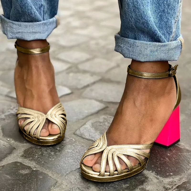 Elegant gold women's open-toe block heel sandals with adjustable ankle strap, perfect for summer parties.