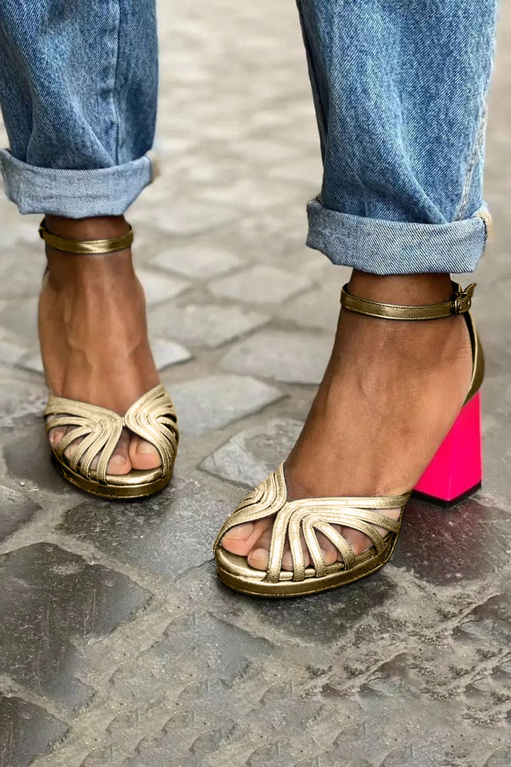 Stylish women's open-toe block heel dress sandals with ankle strap, ideal for elegant party wear & summer.