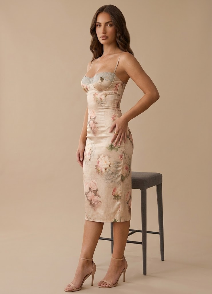 Green floral corset midi dress, an elegant formal party dress for women. Ideal for special occasions & summer weddings.