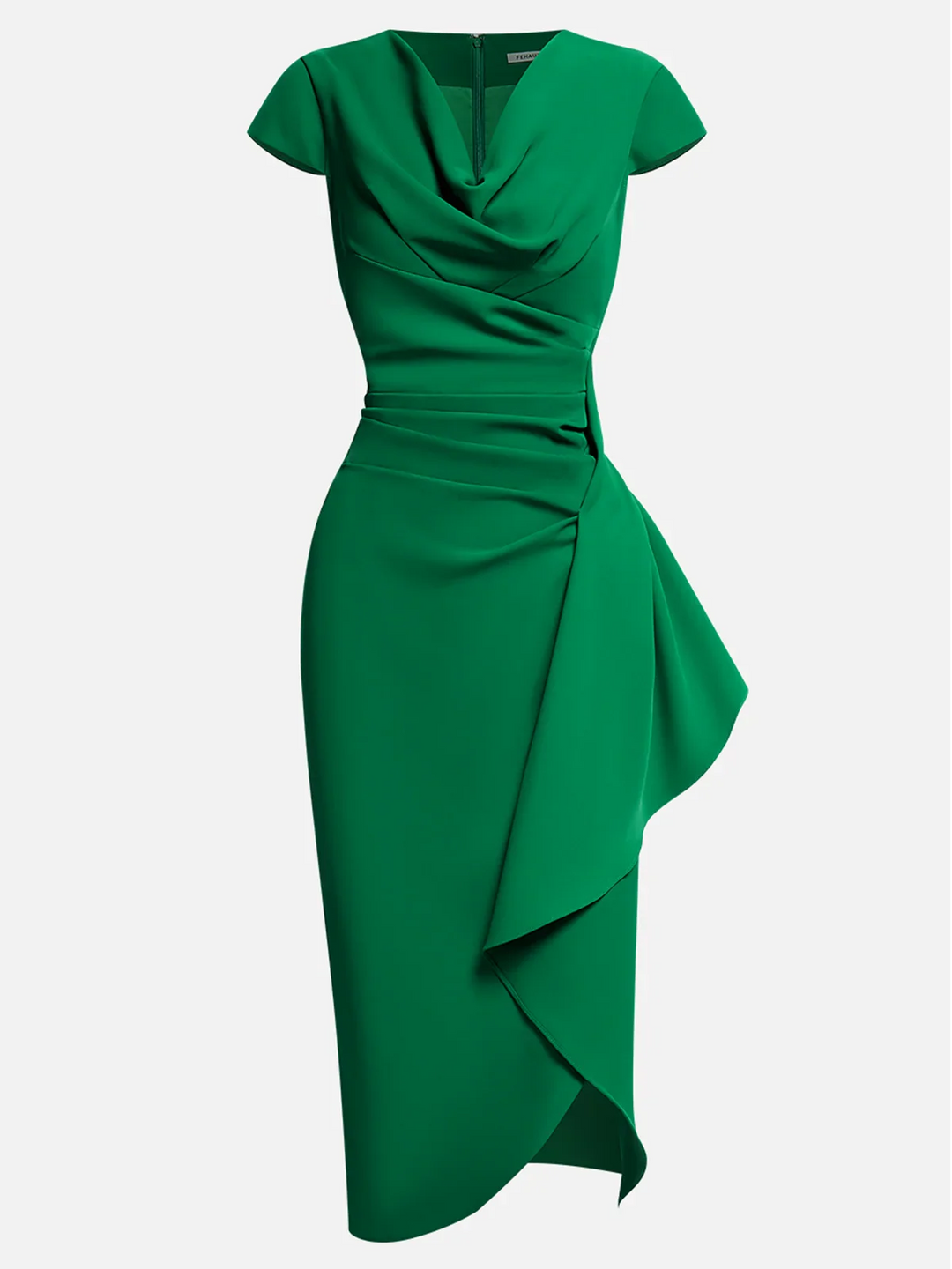 Formal green midi dress with elegant cowl neck and ruched detailing, ideal for special occasions.