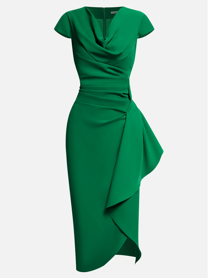 Formal green midi dress with elegant cowl neck and ruched detailing, ideal for special occasions.