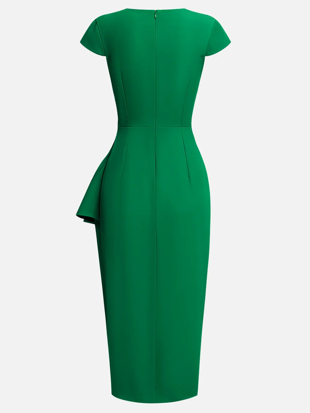 Stylish women's green ruched midi dress, a perfect choice for wedding guest attire.