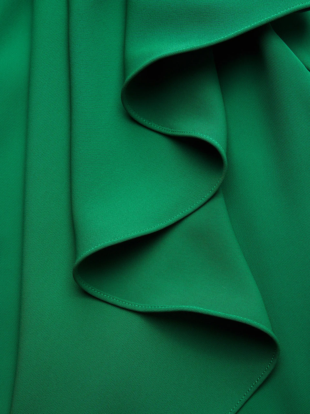 Chic cap sleeve green midi dress with a luxurious cowl neck and ruched design for parties.