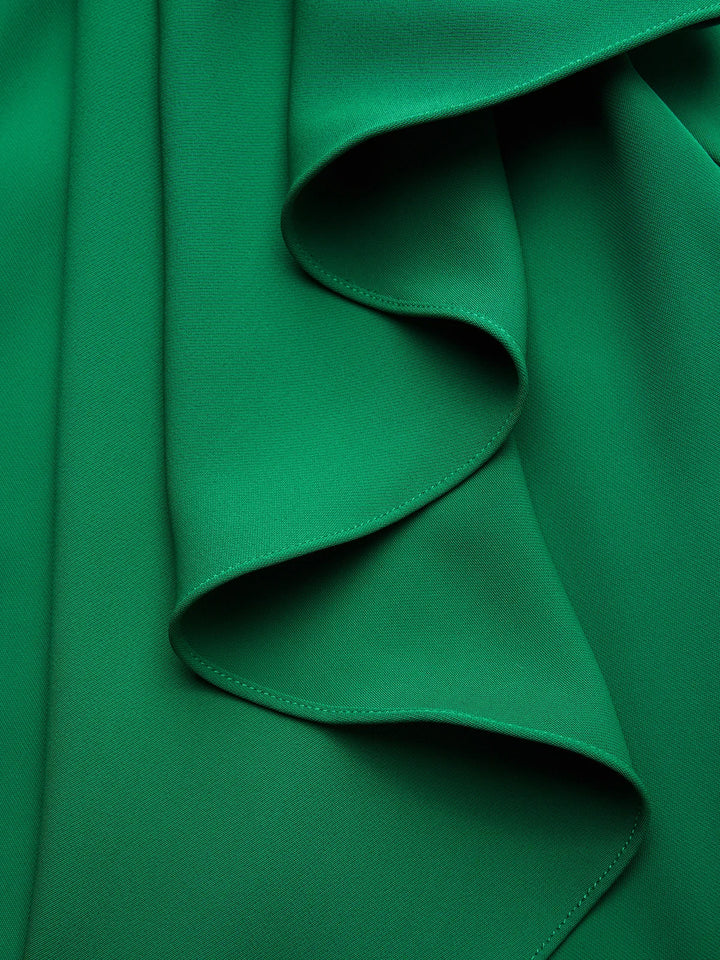 Chic cap sleeve green midi dress with a luxurious cowl neck and ruched design for parties.