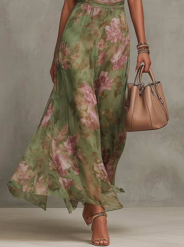 Beautiful green floral maxi dress for women, an elegant choice for summer evenings, parties & vacation.