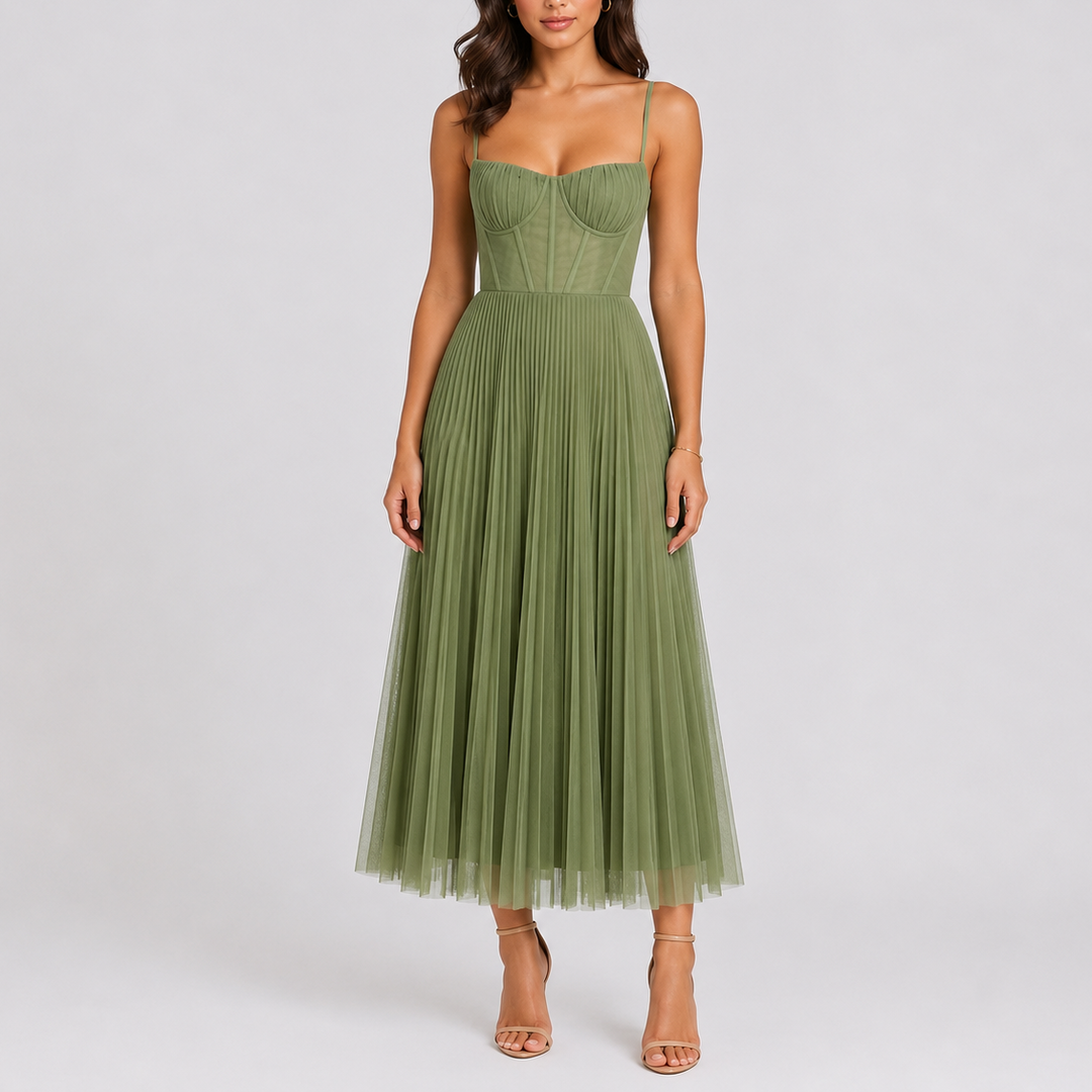 Elegant green pleated maxi dress for women, perfect for formal evening events or as a wedding guest outfit.