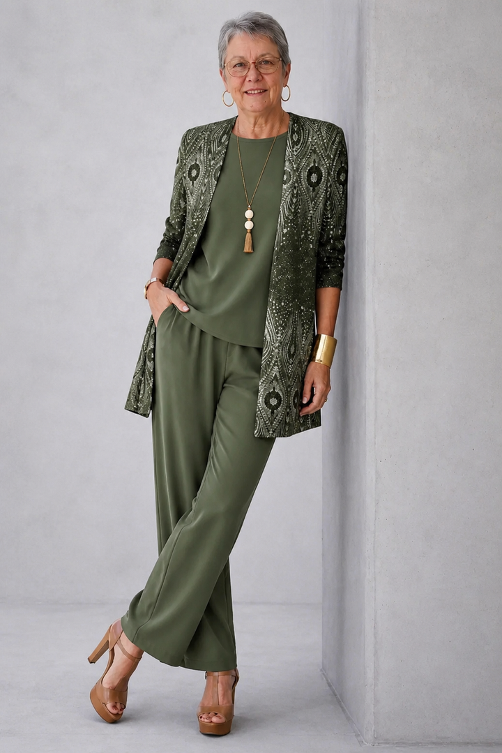 Elegant green women's 3-piece set featuring a long cardigan, matching top, and wide-leg pants for comfortable style.