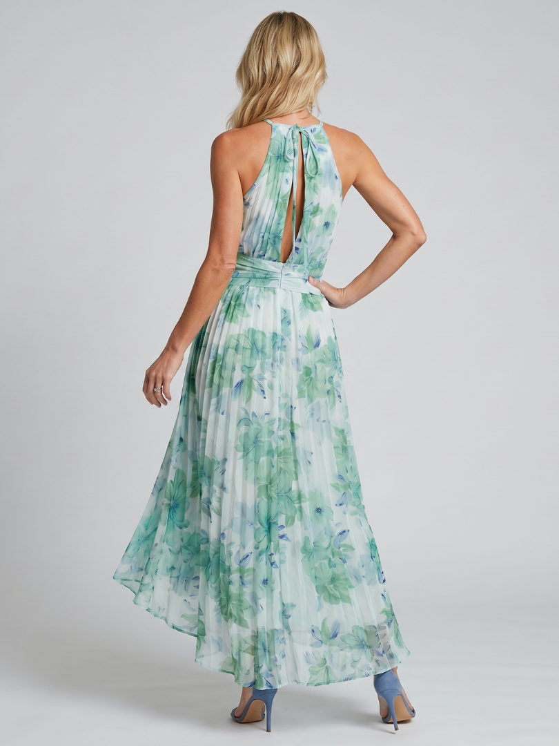 Green floral pleated midi dress for women, featuring a chic halter neckline. Ideal elegant summer party outfit.