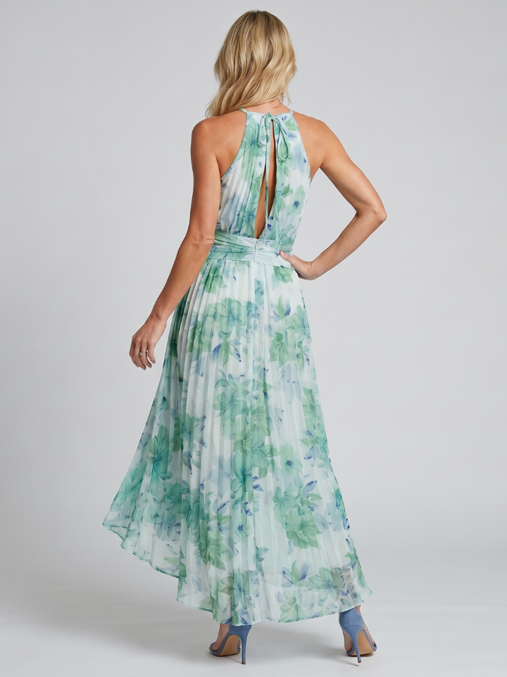 Green floral pleated midi dress for women, featuring a chic halter neckline. Ideal elegant summer party outfit.