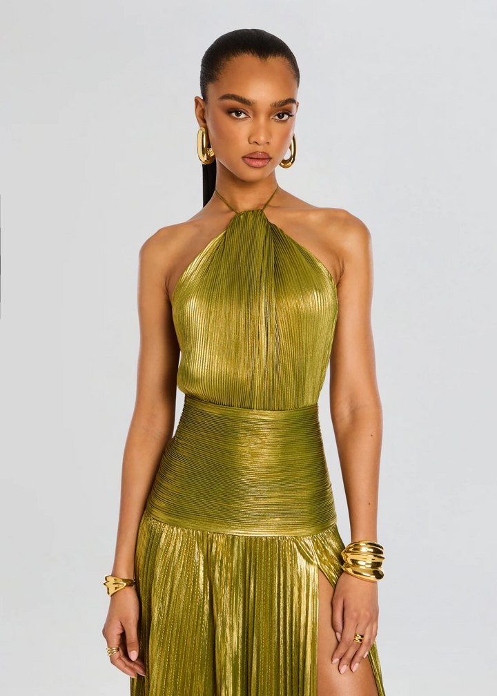 Women's elegant green sculpted fit maxi dress. Ideal formal occasion wear, perfect for evening events.