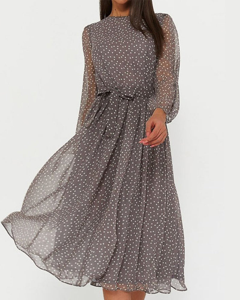 Elegant grey polka dot A-line knee-length dress for women, loose fit casual style.