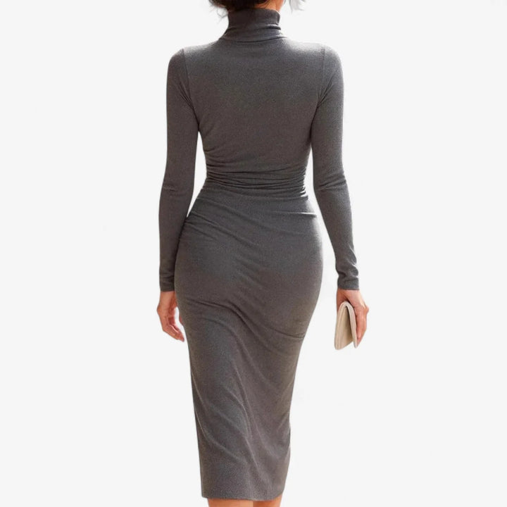Fashionable women's grey maxi dress, ruched & long-sleeved, offering a modern draped fit for any occasion.