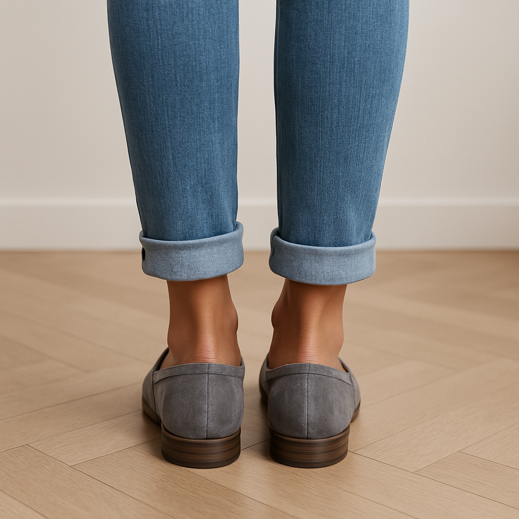 Stylish grey women's slip-on loafers. Low heel comfort, pointed toe. Perfect elegant footwear for work or daily wear.