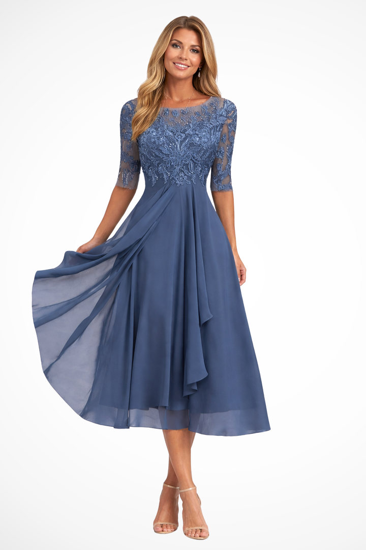 Elegant half sleeve midi dress for women, ideal as a wedding guest or special occasion outfit.