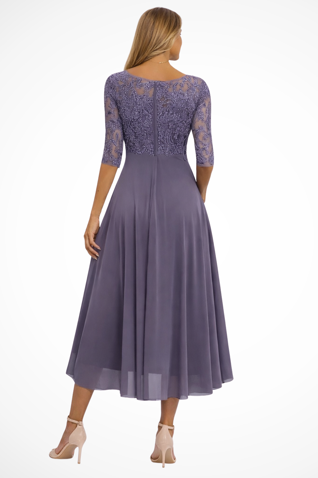 Figure-flattering half sleeve midi dress, ideal for women seeking a sophisticated wedding guest outfit.